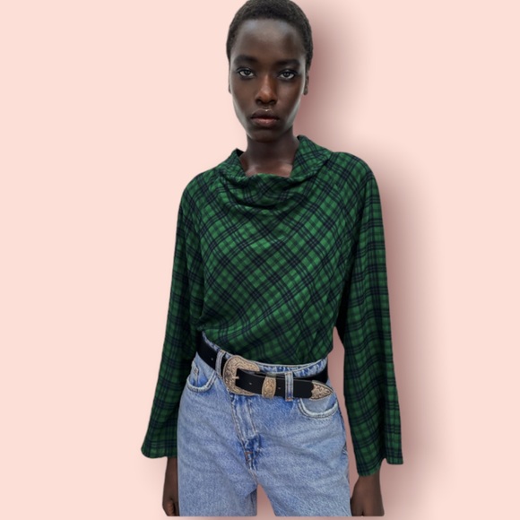 Zara greenprint, flowy top, tartan design, hi neck - Picture 2 of 7
